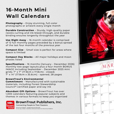 2026 BrownTrout Fantasy Pugs 7" x 7" Monthly Wall Calendar (9798330701858)