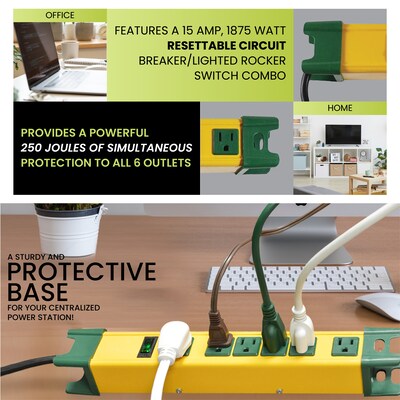 GoGreen Power 6' Metal Surge Protector, 6 Outlets, Yellow/Green (GG-26114)