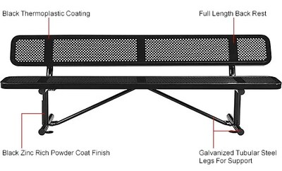 Global Industrial 8' Outdoor Steel Picnic Bench w/ Backrest, Perforated Metal, Black (262077BK)