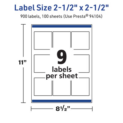 Avery TrueBlock Laser/Inkjet Square Multipurpose Labels, 2.5" x 2.5", White, 900/Box (94104)