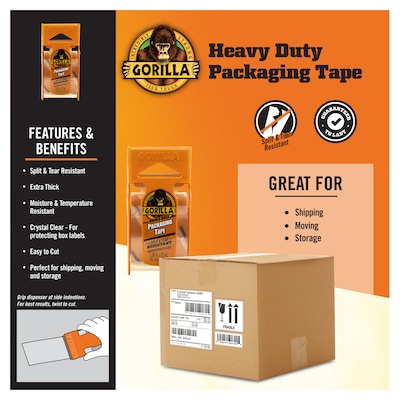 Gorilla Heavy Duty Packing Tape with Dispenser, 1.88" x 25 yds., Clear, 4/Pack (102680)