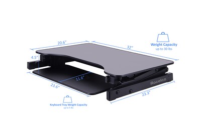 Rocelco 32"W 5"-17"H Height Adjustable Standing Desk Converter, Sit Stand Up Dual Monitor Riser, Black (R ADRB)