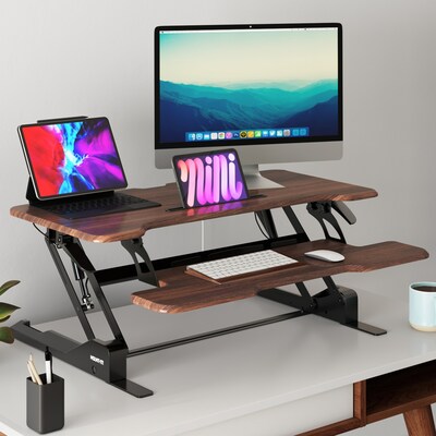 Mount-It! 38"W Rectangular Adjustable Mixed Materials Standing Desk Converter, Dark Walnut Woodgrain (MI-15006)