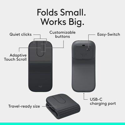 Logitech Mobi Fold Wireless Ambidextrous Optical Travel Mouse, Graphite (910-007601)