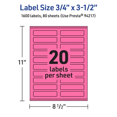 Avery Laser/Inkjet Rectangle Multipurpose Labels, 0.75" x 3.5", Bright Pink, 1600/Box (94217)