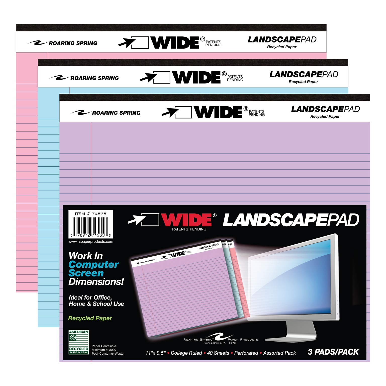 Roaring Spring Paper Products 11 x 9.5 Landscape Pads, Assorted Colors, 40 Sheets/Pad, 36 Pads/Case (74535cs)