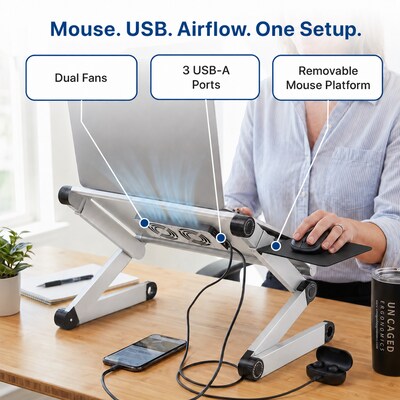 Uncaged Ergonomics WorkEZ Cool 16" Laptop Cooling Stand with 2 Fans, 3 USB Ports, Silver (WECs)