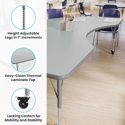 Flash Furniture Wren Kidney Activity Table, 96" x 48", Height Adjustable, Gray Top/Silver Frame (XUA4896KDGYTAC)