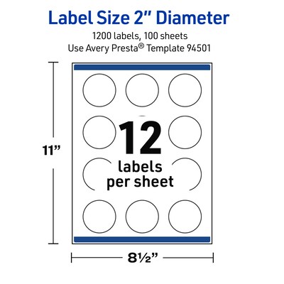 Avery Round Laser Multipurpose Labels, 2" Dia., White, 1200/Box (19479399407)