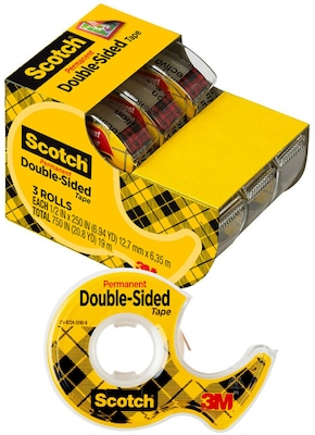 Scotch Permanent Double Sided Tape with Dispenser, 1/2 x 250, 3/Pack (3136)