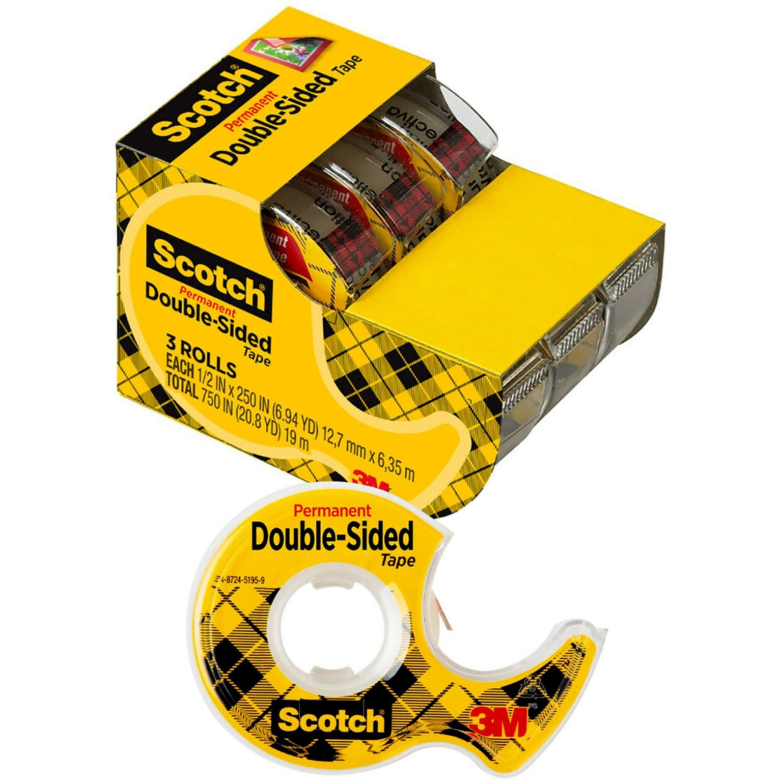 Scotch Permanent Double Sided Tape with Dispenser, 1/2 x 250, 3/Pack (3136)