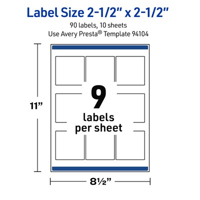 Avery Waterproof Square Laser Multipurpose Labels, 2.5" x 2.5", White, 90/Pack (19479399472)