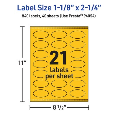 Avery Oval Laser/Inkjet Multipurpose Labels, 1-1/8" x 2-1/4", Bright Yellow (840/Box)