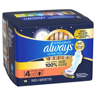Always Ultra Thin Overnight Cotton Maxi Pads with Wings, Size 4, 16/Pack, 6 Packs/Case (12851)