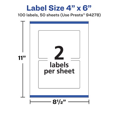 Avery Laser/Inkjet Rectangle Multipurpose Labels, 4" x 6", White, 100 Labels/Box (94278)