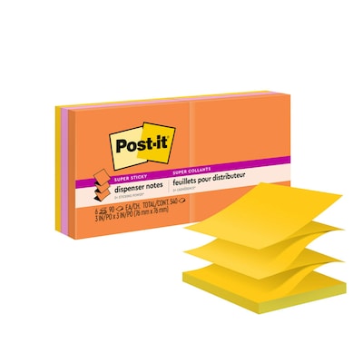 Post-it® Pop-up Super Sticky Notes, 3 x 3, Energy Boost Collection, 90 Sheets/Pad, 6 Pads/Pack (R3