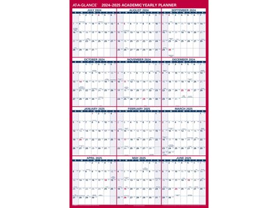 2024-2025 AT-A-GLANCE 48" x 32" Academic Yearly Wet-Erase Wall Calendar, Reversible, White/Red (PM36AP-28-25)
