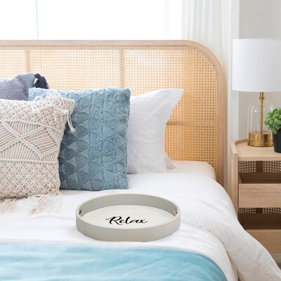Elegant Designs "Relax" Decorative 13.75" Round Wood Serving Tray w/ Handles, Gray Wash (HG2013-GYX)