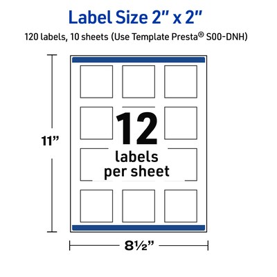Avery Laser/Inkjet Square Multipurpose Labels, 2" x 2", White, 120/Pack (S00-DNH)