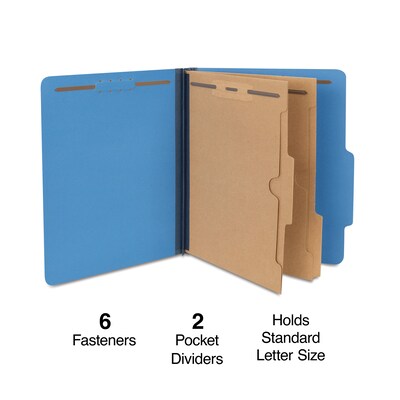 Quill Brand® 2/5-Cut Pressboard Classification Folders with Pockets, 2 Partitions, 6-Fasteners, Letter, Blue, 15/Box (736026)