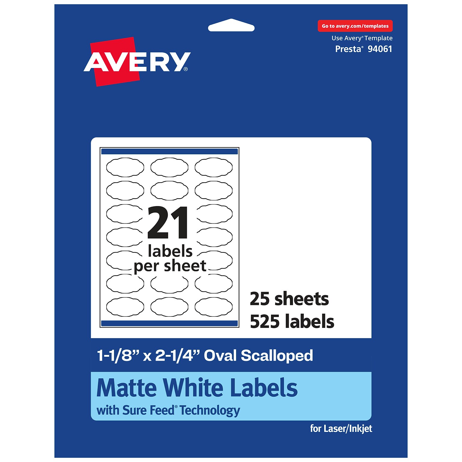 Avery Laser/Inkjet Multipurpose Labels, White, 21 Labels/Sheet, 25 Sheets/Pack (94061-WMP25)