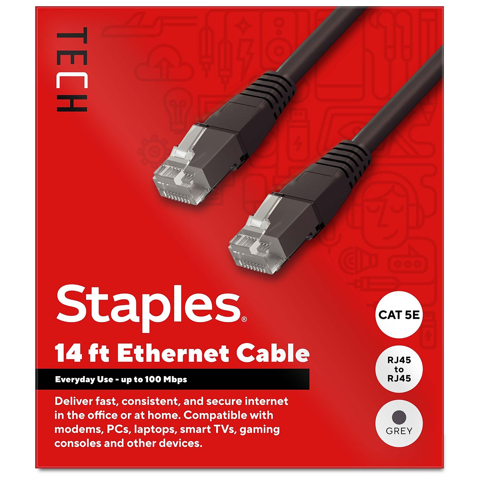 Staples TECH 14 ft. Cat 5E Ethernet Cable, Male to Male, Gray (ST62449)