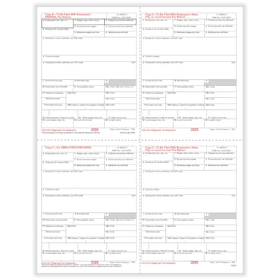 ComplyRight 2026 W-2 Tax Form, 1-Part, 4-Up, Employee Copy B, C, and 2, 50/Pack (520550)