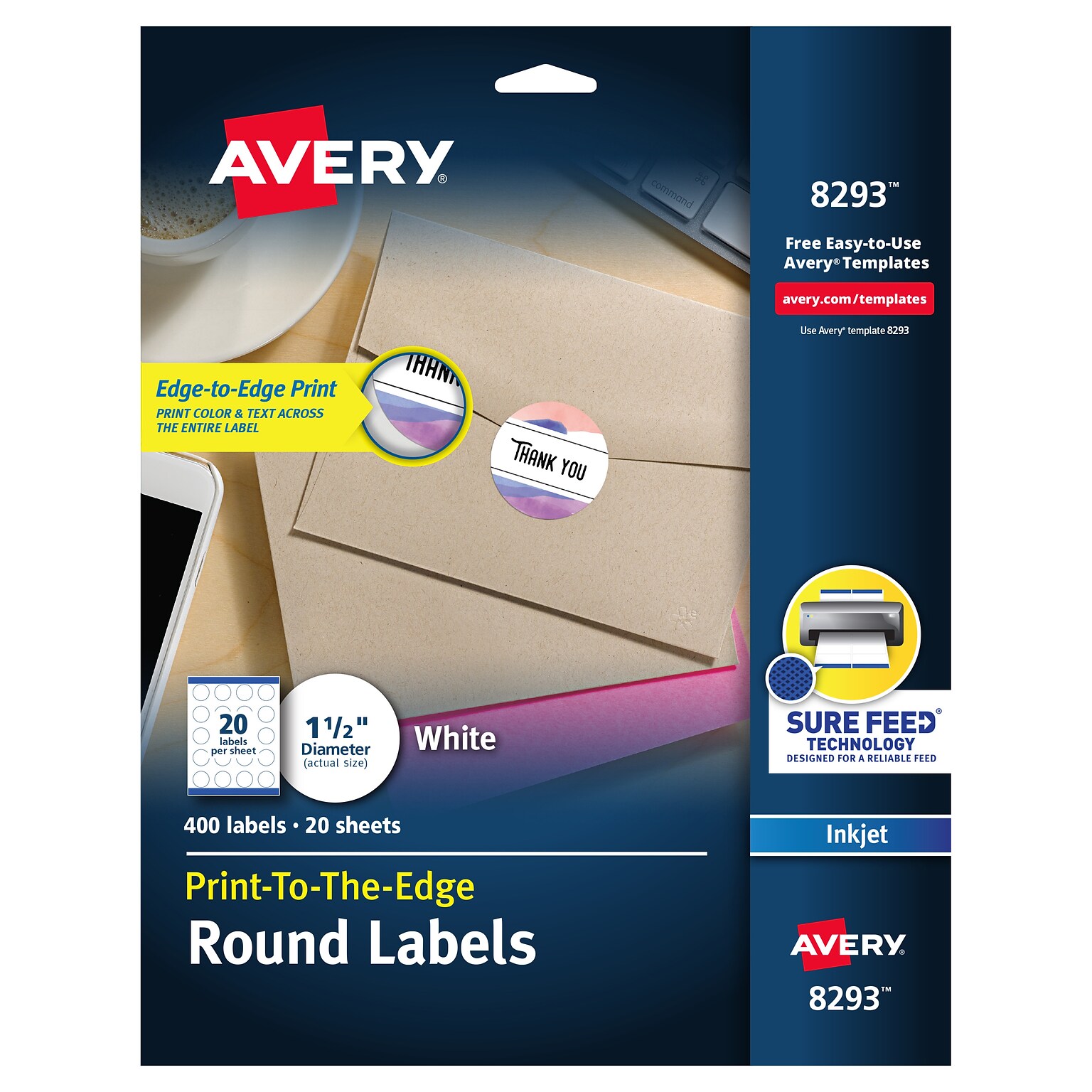 Avery Sure Feed Inkjet Round Labels, 1-1/2 Diameter, White, 20 Labels/Sheet, 20 Sheets/Pack, 400 Labels/Pack (8293)