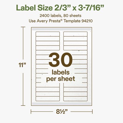 Avery Hemp Rectangle Laser/Inkjet Multipurpose Labels, 2/3" x 3-7/16", Off-White (2400/Box)