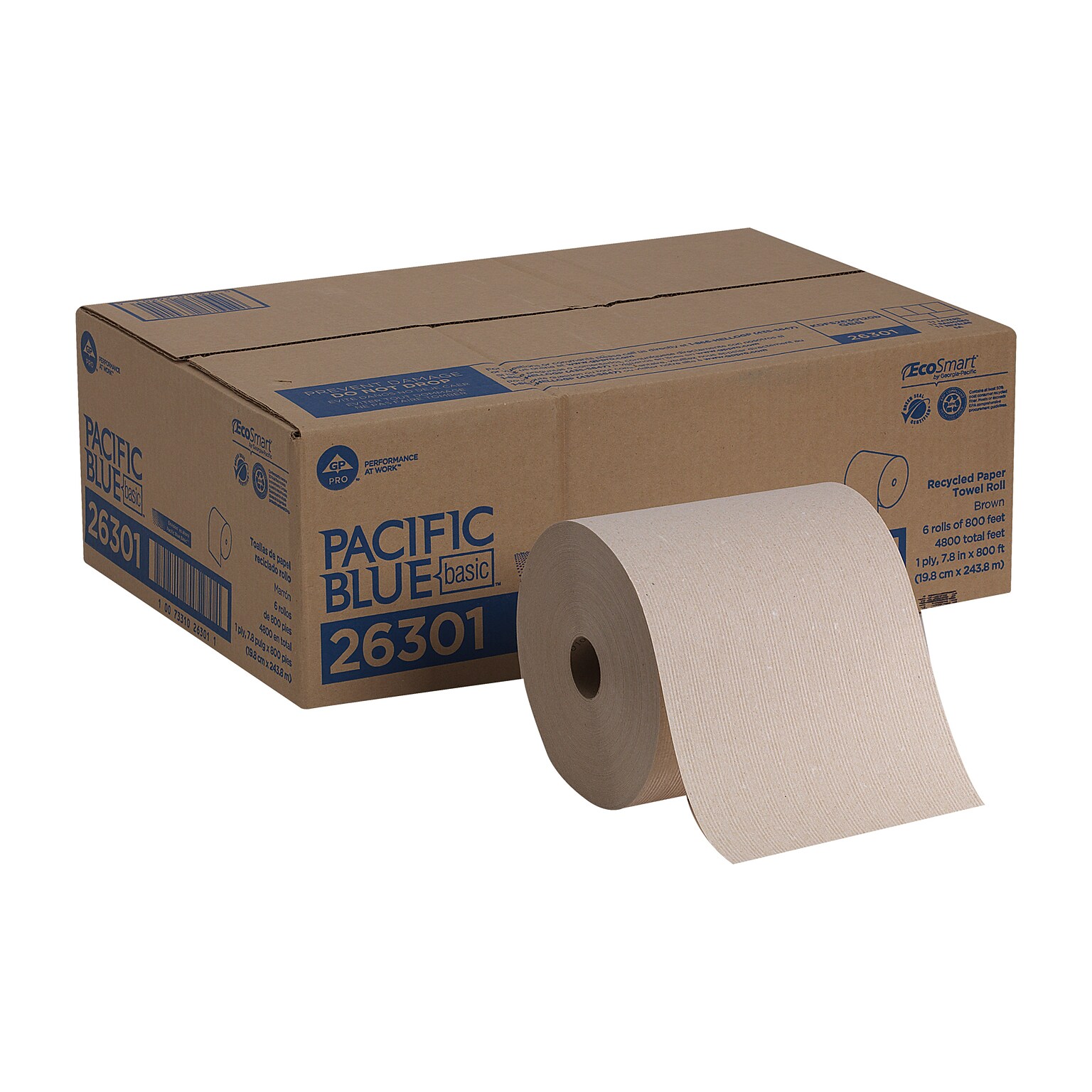 Pacific Blue Basic Recycled Hardwound Paper Towels, 1-ply, 800 ft./Roll, 6 Rolls/Carton (26301)