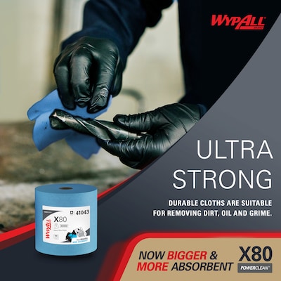 WypAll PowerClean X80 Fabric Cleaning Wipers, 13.4" x 12.5", Blue, 455 Sheets/Roll (41043)