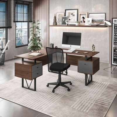 Techni Mobili 59" L-Shaped Desk with Drawers and File Cabinet, Walnut/Black (RTA-4809DL-WAL)