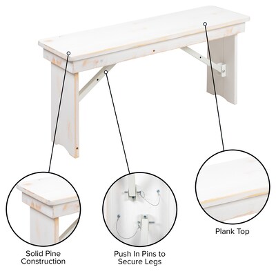 Flash Furniture Pine Wood 2-Seat Farm Table Folding Bench, Antique Rustic White (XAB40X12WH)