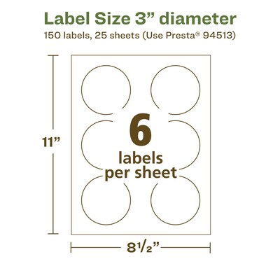 Avery EcoFriendly Laser/Inkjet Circle Multipurpose Labels, 3" Dia., White, 150/Pack (94513)