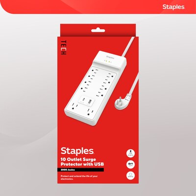Staples TECH 10-Outlet 2-USB Port Surge Protector, 6', 3000 Joules, White (ST62776)