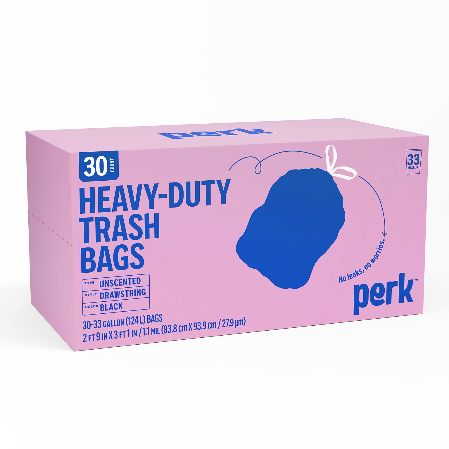 Perk™ 33 Gallon Kitchen Trash Bag, Low Density, 1.1 mil, Black, 30 Bags/Box (PK56747)