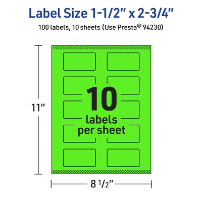 Avery Laser/Inkjet Multipurpose Rectangle Labels, 1.5" x 2.75", Neon Green, 100/Pack (94230)
