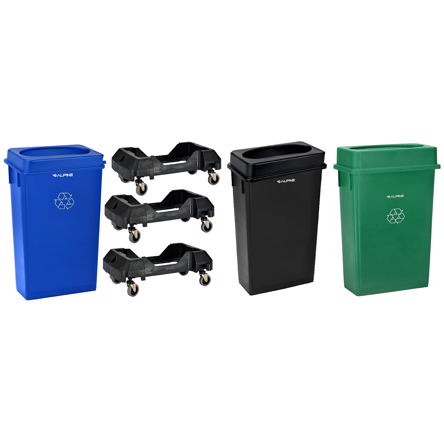 Alpine Industries Polypropylene Trash Can with Dolly, 23 Gallon, Assorted Colors, 3/Pack (477-PKD1)