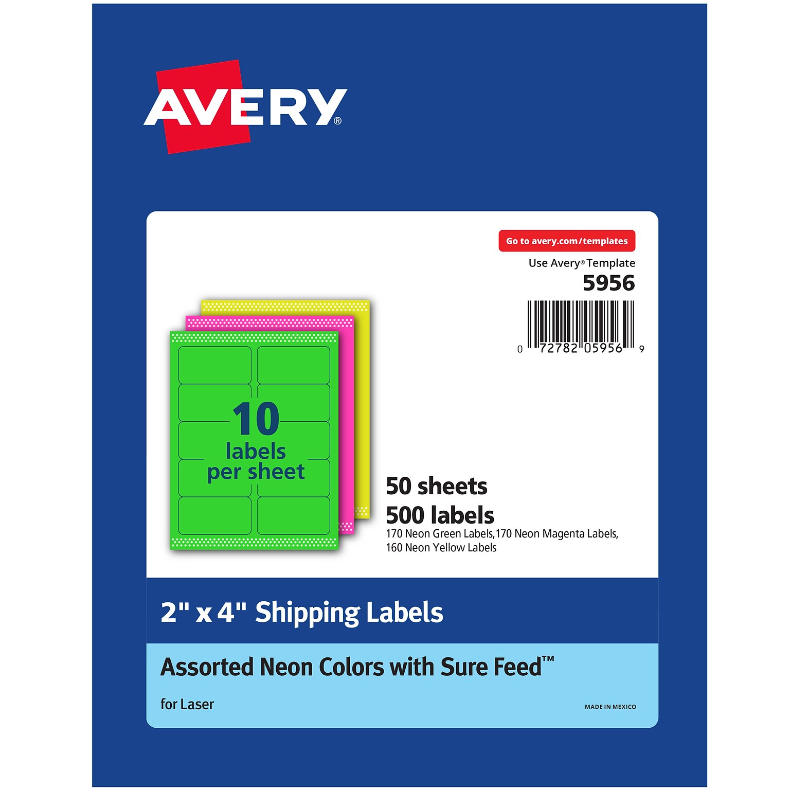 Avery Sure Feed Laser Shipping Labels, 2x 4, Assorted Neon, 500 Labels/Box (5956)