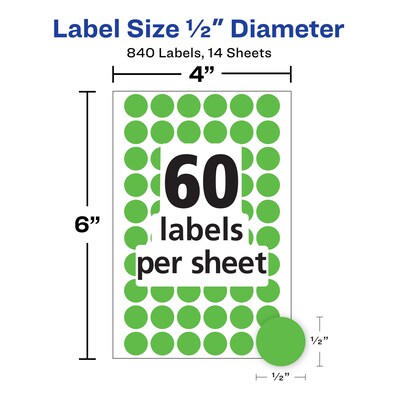 Avery Color-Coding Labels, 1/2 " Dia, Neon Green, Non-Printable, 840 Labels/Pack (5052)