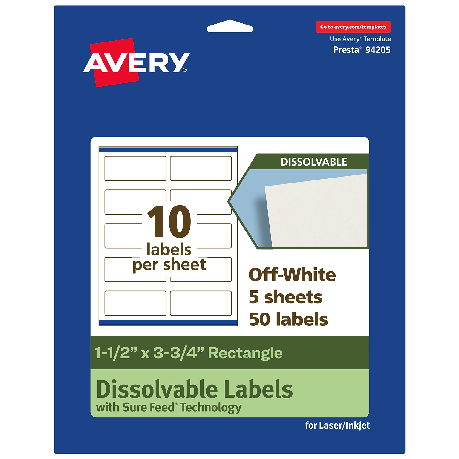 Avery Dissolvable Rectangle Multipurpose Labels, 1.5 x 3.75, Off-white, 50/Pack (94205)