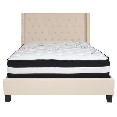 Flash Furniture Riverdale Tufted Upholstered Platform Bed in Beige Fabric with Pocket Spring Mattress, Full (HGBM34)
