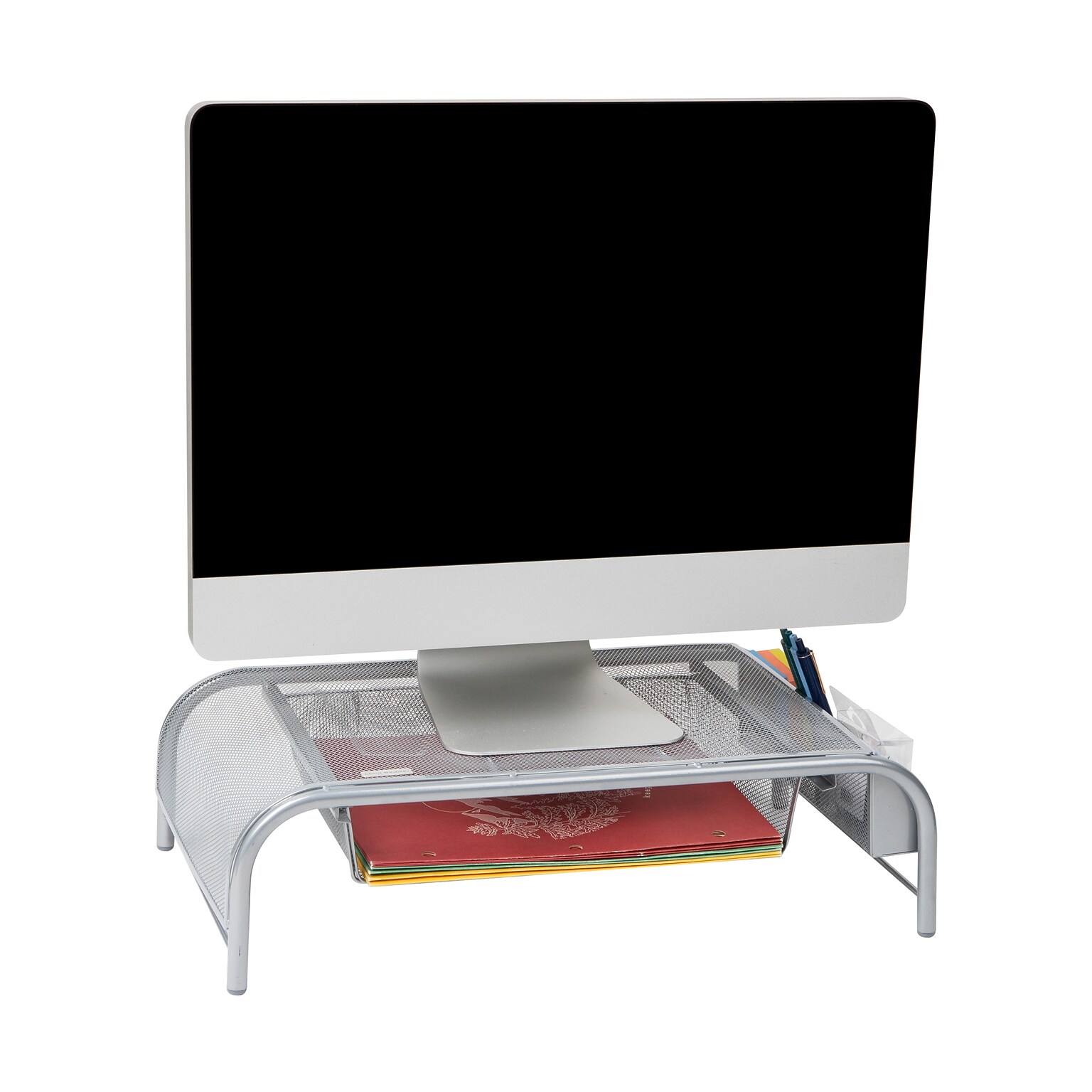 Mind Reader Monitor Stand with Paper Tray, Metal, Silver  (MESHMONSTA-SIL)