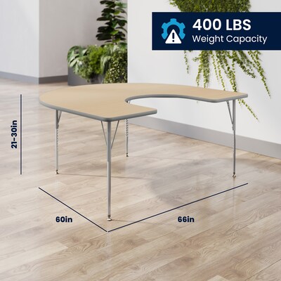 Flash Furniture Wren Horseshoe Activity Table, 66" x 60", Height Adjustable, Light Natural Top/Silver Frame (XUA6066HRSLNTA)