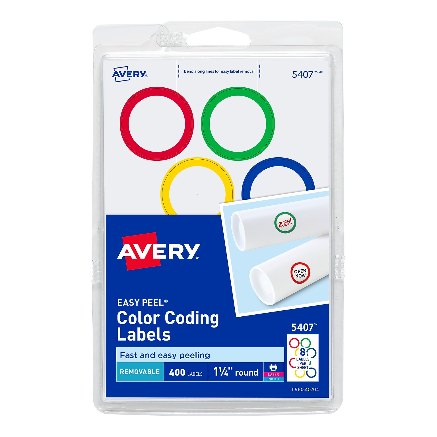 Avery Easy Peel Laser/Inkjet Color-Coding Labels, 4 x 6 Sheets, 1-1/4 Dia, Assorted Colors, 400 Labels/Pack (5407)