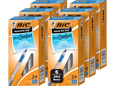 BIC Round Stic Grip Xtra Comfort Ballpoint Pen, Medium Point, Blue Ink, 24/Box, 6 Boxes/Pack (GSMG14