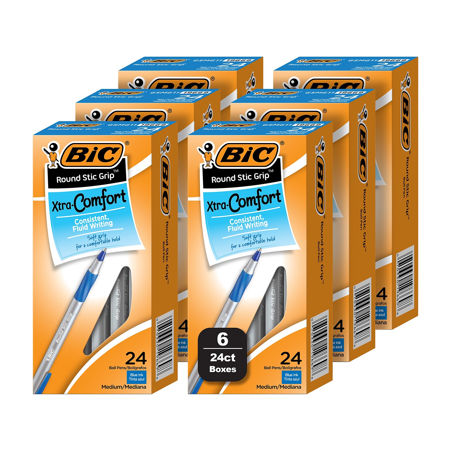 BIC Round Stic Grip Xtra Comfort Ballpoint Pen, Medium Point, 1.0mm, Blue Ink, 24/Box, 6 Boxes/Pack (GSMG144E-BLU)