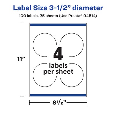 Avery Laser/Inkjet Round Multipurpose Labels, 3.5" Dia., White, 100 Labels/Pack (94514)