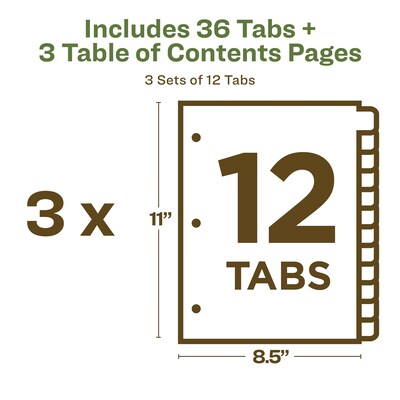Avery Ready Index Table of Contents EcoFriendly Paper Dividers, 1-12 Tabs, Multicolor, 3 Sets/Pack (11083)