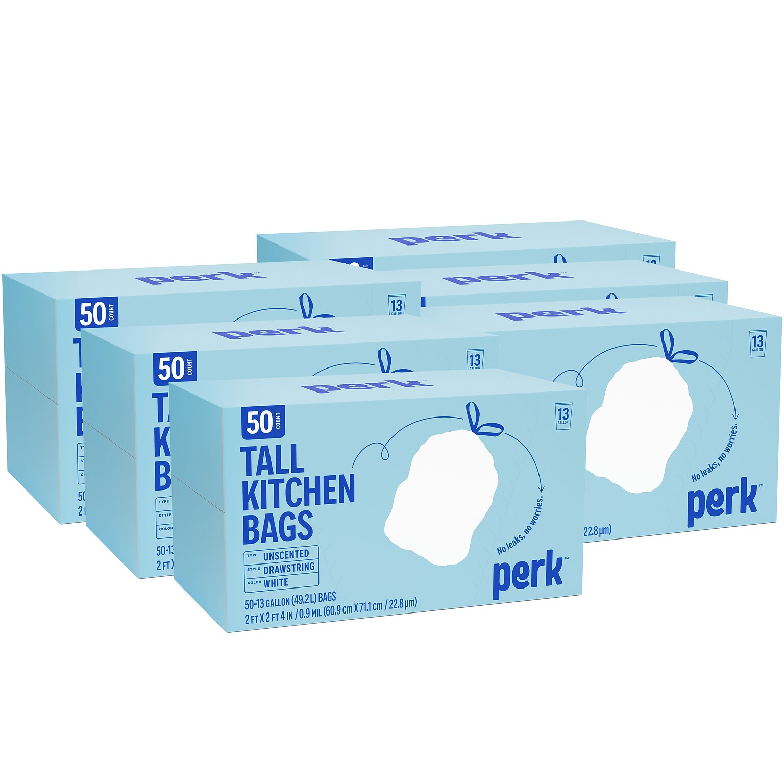 Perk™ 13 Gallon Kitchen Trash Bag, 28 x 24, Low Density, 0.9 mil, White, 50 Bags/Box, 6 Boxes/Carton (PK56745CT)